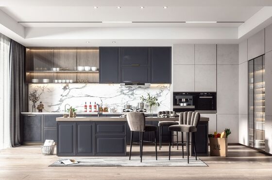 Particle Board Carcase Modern Kitchen Cabinet Equipped with Blum Hardware Quartz Sinter Marble Countertop Custom Designs