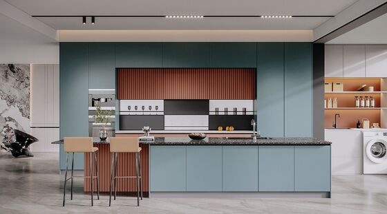 Particle Board Carcase Modern Kitchen Cabinet Equipped with Blum Hardware Quartz Sinter Marble Countertop Custom Designs