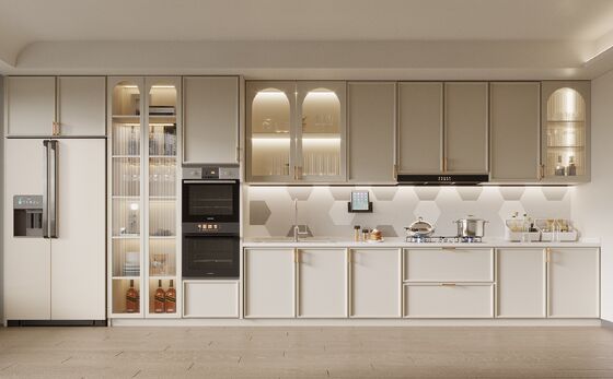 Particle Board Carcase Modern Kitchen Cabinet Equipped with Blum Hardware Quartz Sinter Marble Countertop Custom Designs