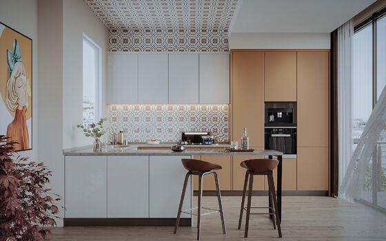 Particle Board Carcase Modern Kitchen Cabinet Equipped with Blum Hardware Quartz Sinter Marble Countertop Custom Designs