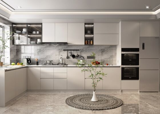 Particle Board Carcase Modern Kitchen Cabinet Equipped with Blum Hardware Quartz Sinter Marble Countertop Custom Designs