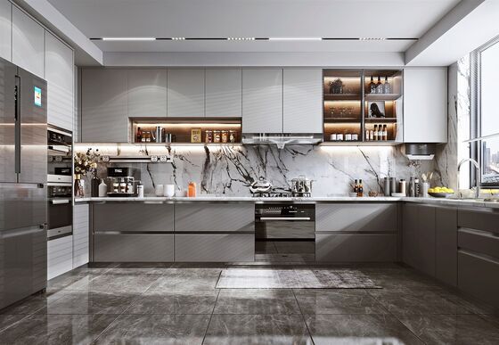 Modern L-Shaped Kitchen Cabinet Set Melamine Finish Particle Board Cabinet