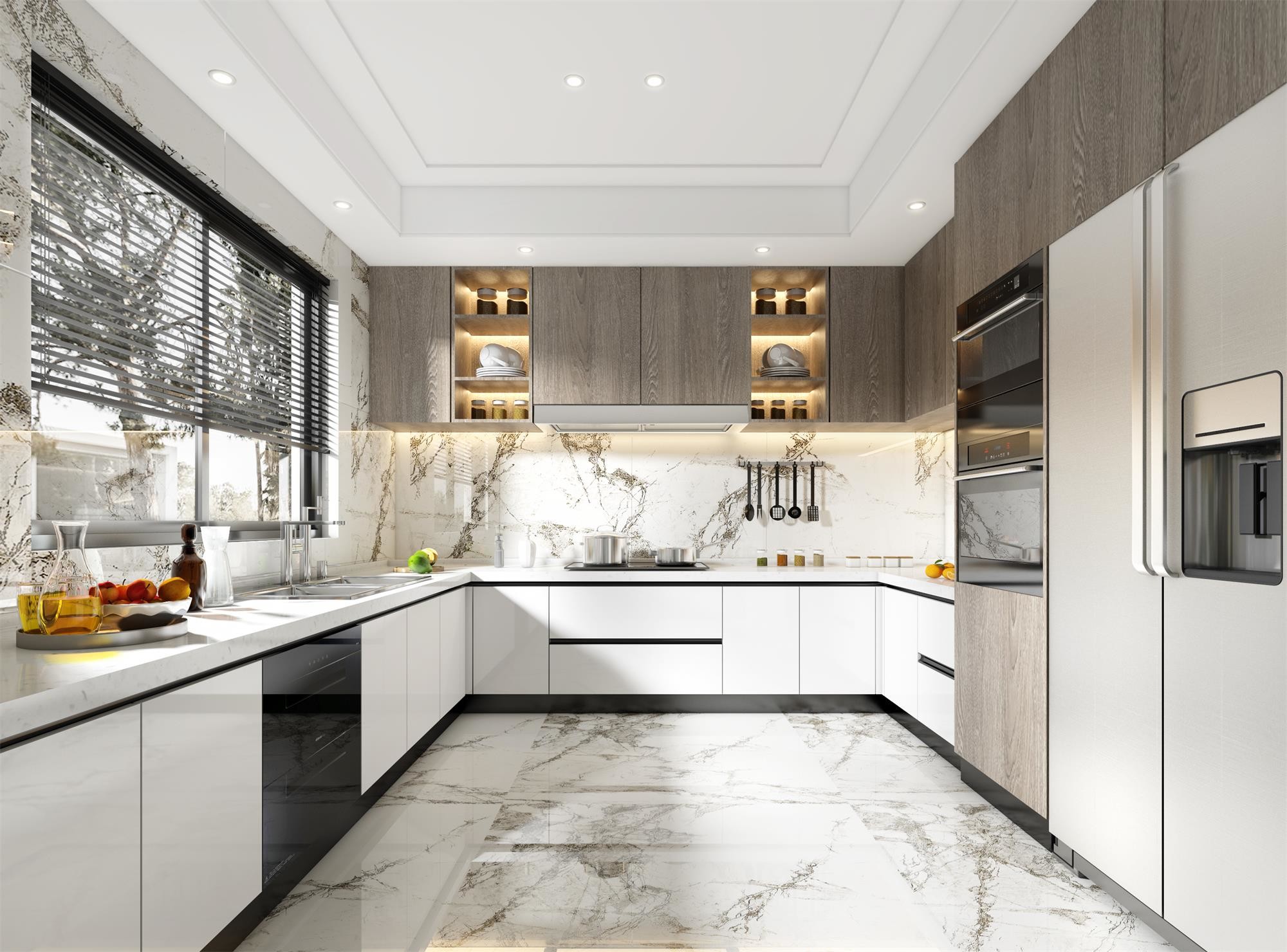 Custom High Gloss Lacquer Kitchen Cabinets with Marble Countertops